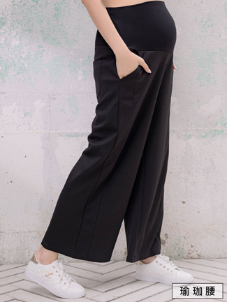 孕婦褲。瑜珈腰斜邊線雙袋棉寬褲