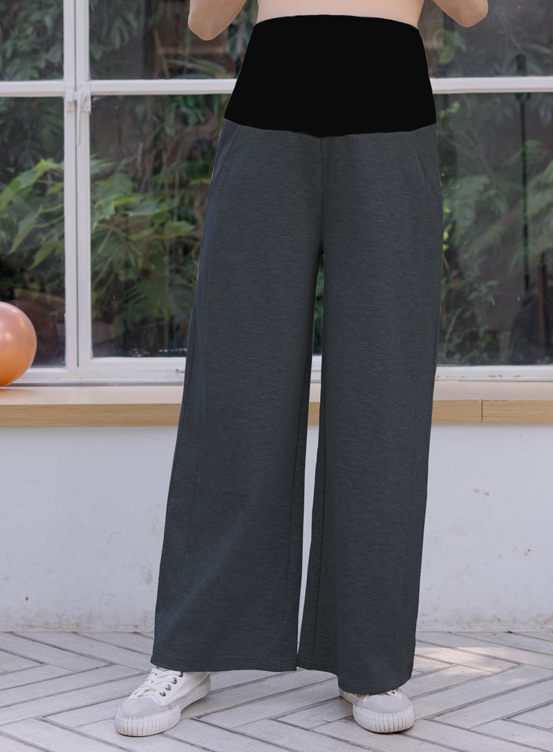 孕婦褲。瑜珈腰斜邊線雙袋棉寬褲
