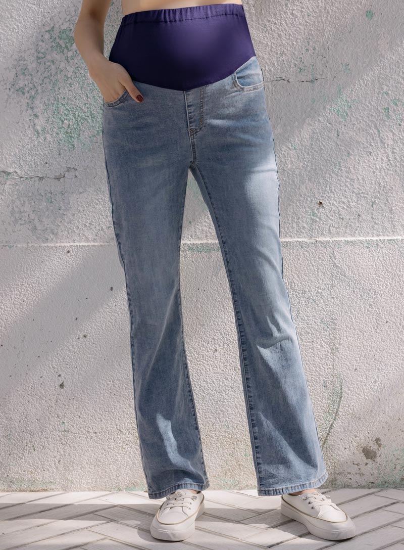 孕婦褲。質感藍刷色微喇叭牛仔長褲