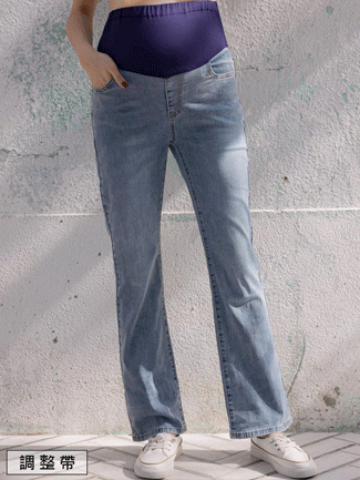 孕婦褲。質感藍刷色微喇叭牛仔長褲