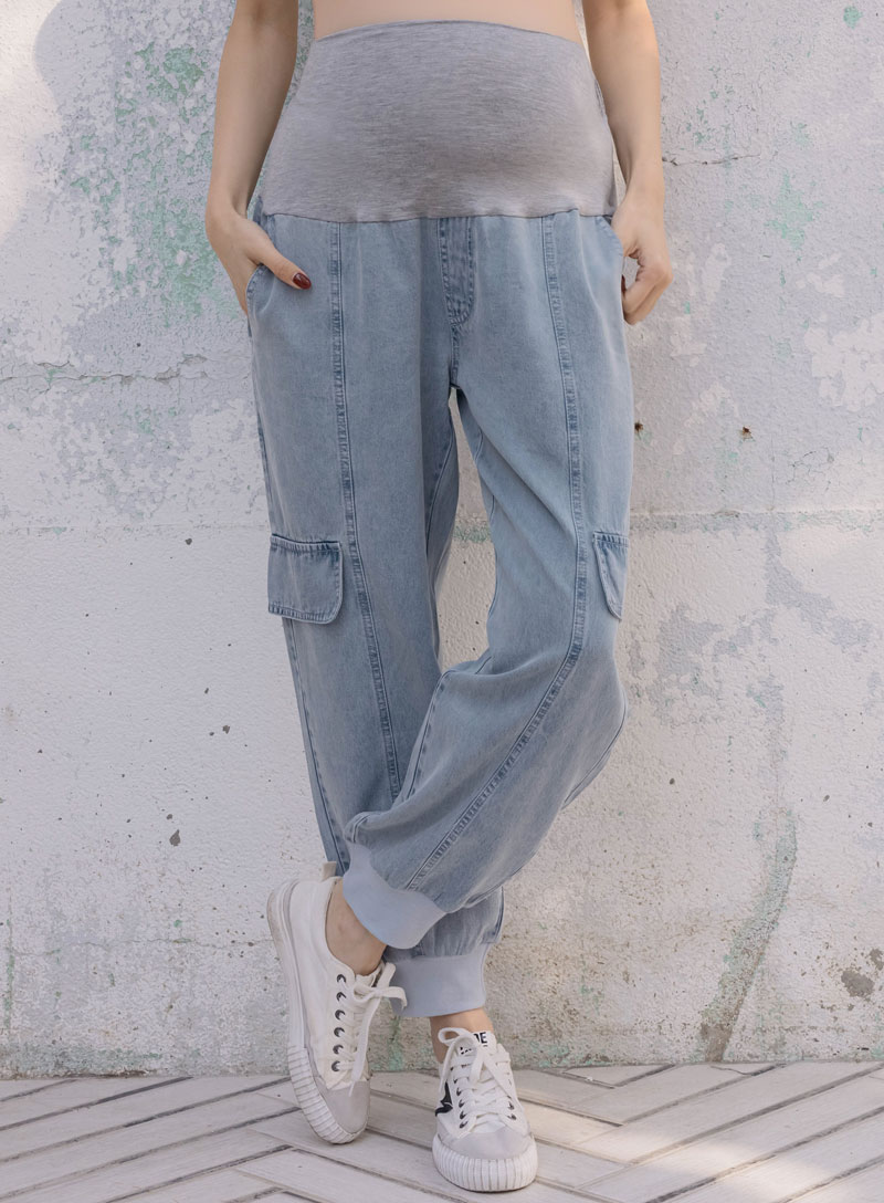 孕婦褲。瑜珈腰側袋牛仔燈籠褲(中)