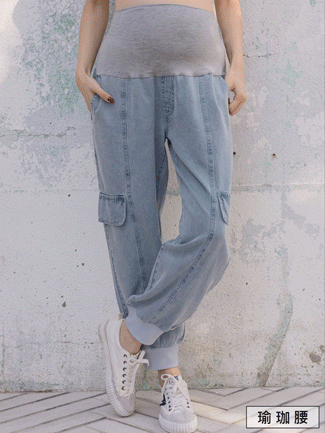 孕婦褲。瑜珈腰側袋牛仔燈籠褲(中)
