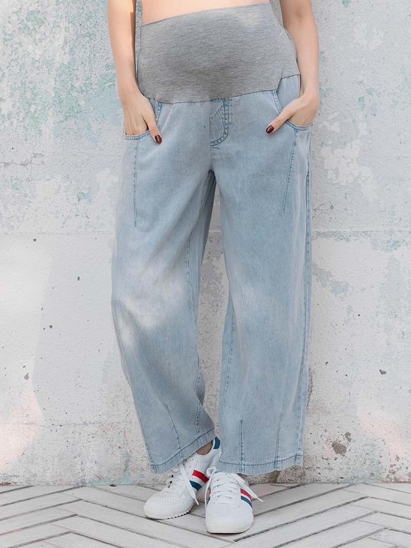 孕婦褲。車線瑜珈牛仔腰闊腿褲(薄軟)