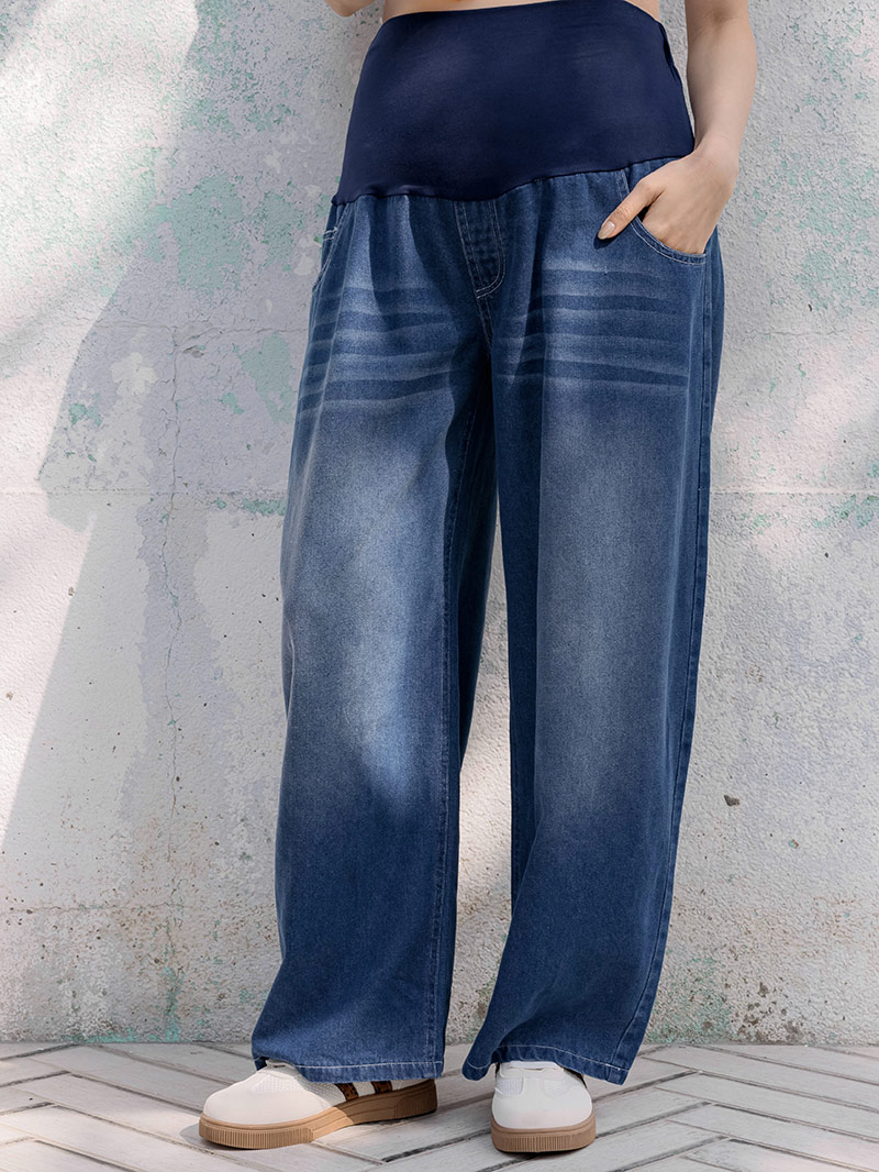 孕婦褲。瑜珈腰帥性闊腿牛仔寬褲(薄)