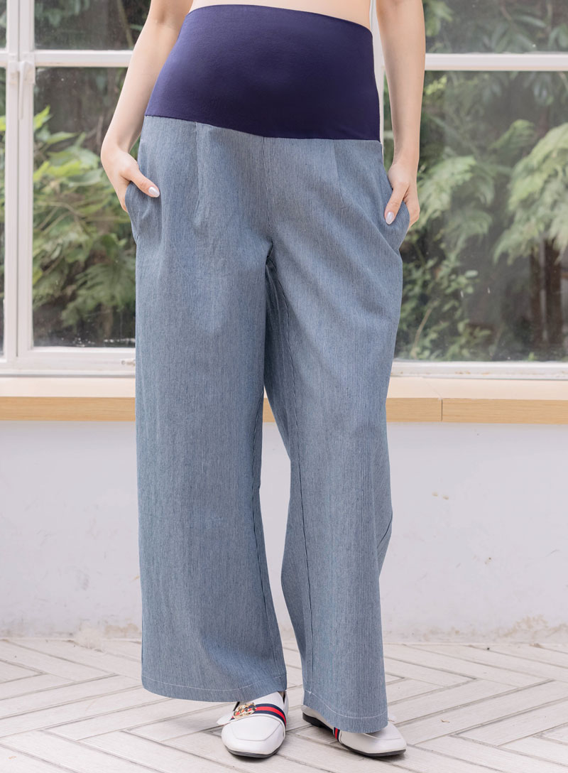孕婦褲。水波細直紋瑜珈腰挺版寬褲