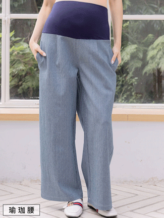 孕婦褲。水波細直紋瑜珈腰挺版寬褲