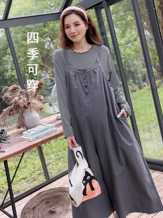 孕婦褲。前開釦側袋卡其吊帶大寬褲