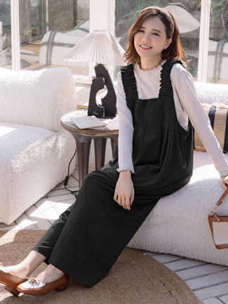 孕婦裝。荷葉肩雙袋彈力布吊帶寬褲