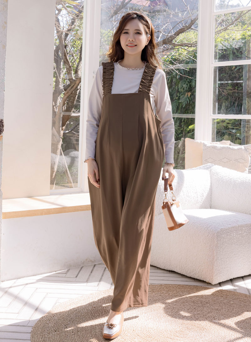 孕婦裝。荷葉肩雙袋彈力布吊帶寬褲