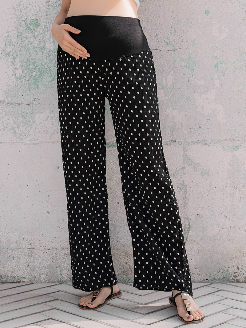 孕婦褲。圓點點瑜珈腰雪紡長寬褲