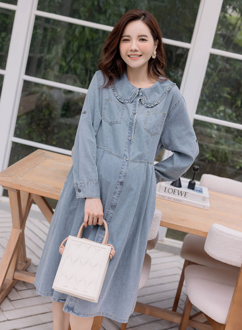 孕婦裝。公主荷葉領水洗牛仔娃娃洋(薄)