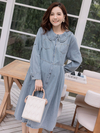 孕婦裝。公主荷葉領水洗牛仔娃娃洋(薄)