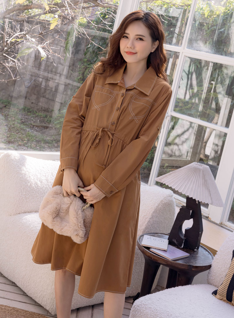 孕婦裝。前繫繩X車線拉釦袖洋裝