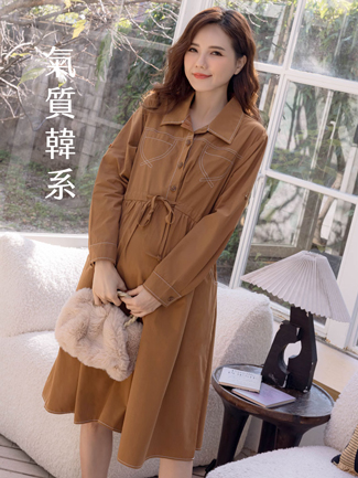 孕婦裝。前繫繩X車線拉釦袖洋裝