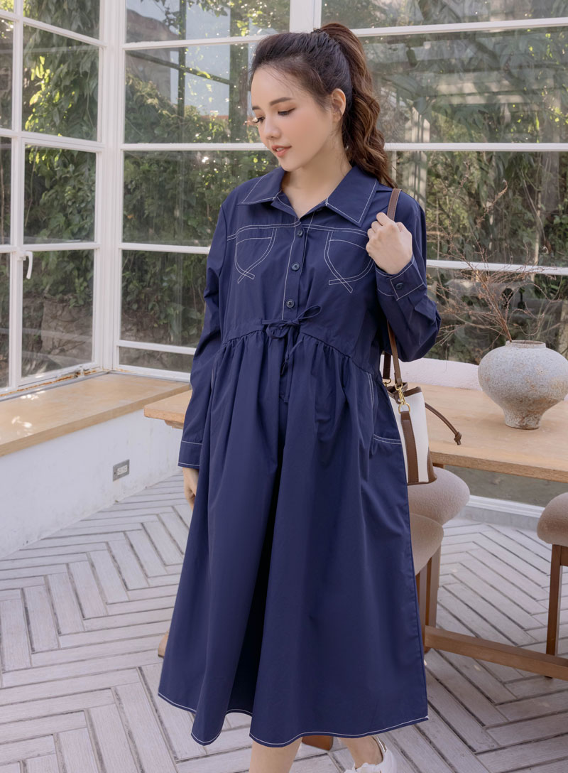 孕婦裝。前繫繩X車線拉釦袖洋裝