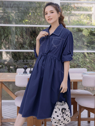 孕婦裝。前繫繩X車線拉釦袖洋裝