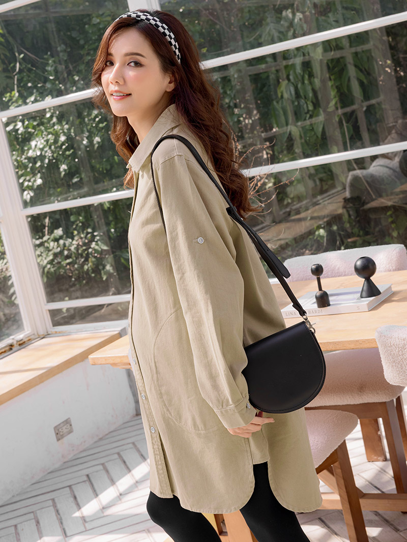 孕婦裝。雙圓袋重磅斜紋布開釦洋