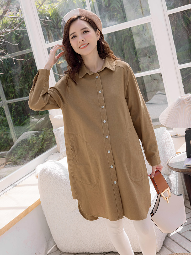 孕婦裝。雙圓袋重磅斜紋布開釦洋