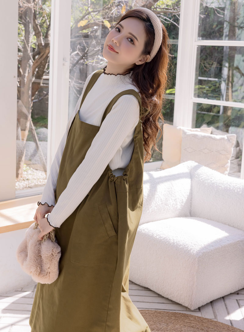 孕婦裝。雙圓袋重磅斜紋吊帶裙