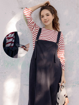 孕婦裝。雙圓袋重磅斜紋吊帶裙