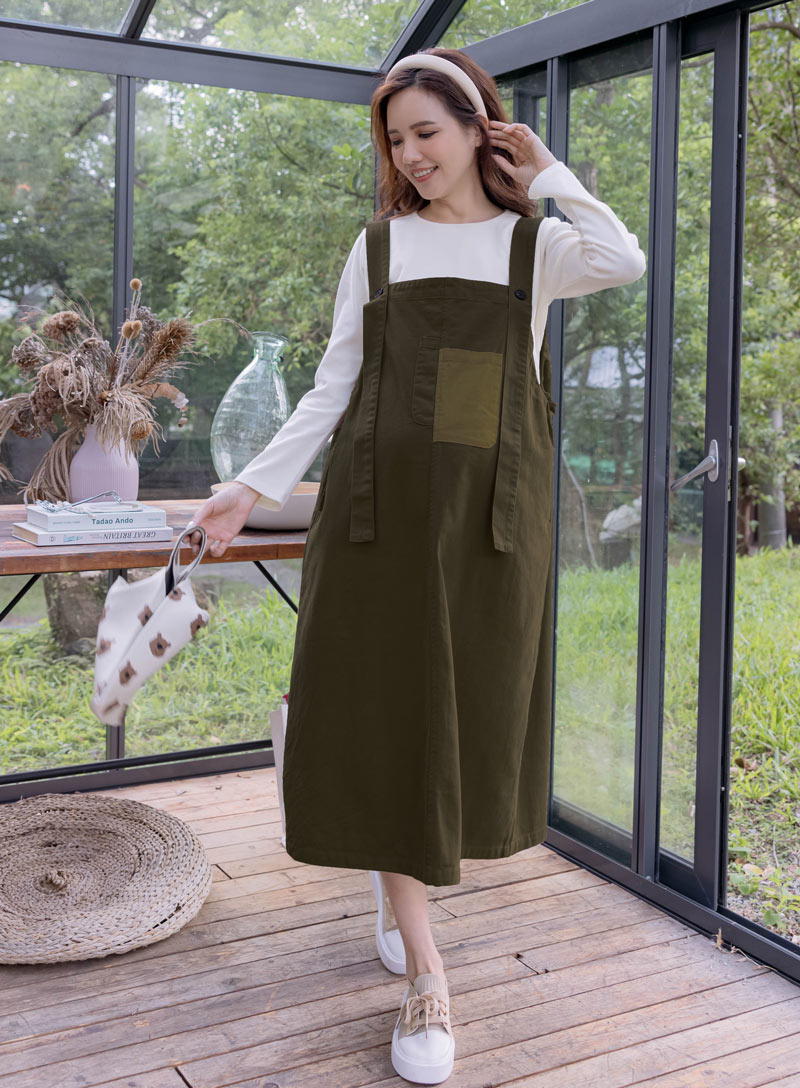 孕婦裝。口袋造型配色斜紋吊帶裙