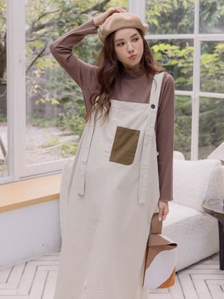 孕婦裝。口袋造型配色斜紋吊帶裙