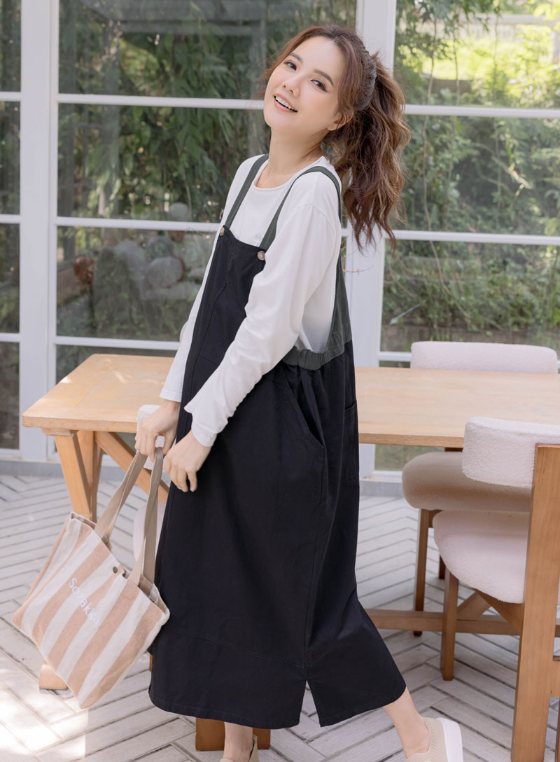 孕婦裝。雙配色側鬆緊卡其吊帶裙