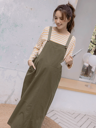 孕婦裝。雙配色側鬆緊卡其吊帶裙