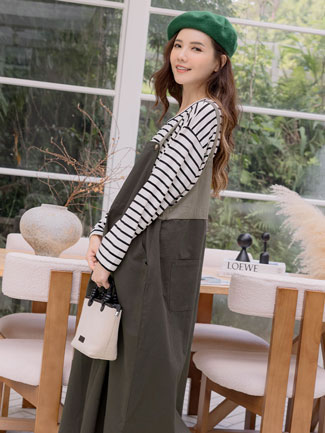 孕婦裝。雙配色側鬆緊卡其吊帶裙