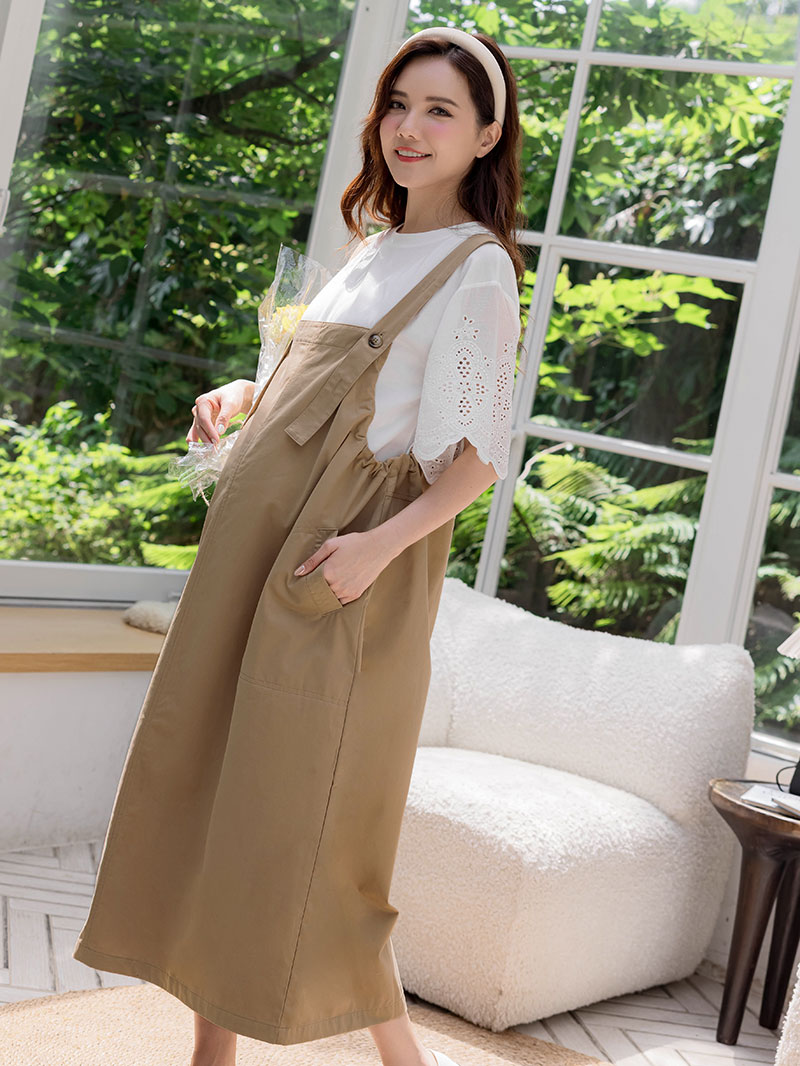 孕婦裝。雙圓袋內側可調卡其吊帶裙