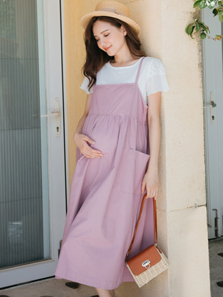 孕婦裝。雙袋卡其娃娃吊帶裙(寬版)