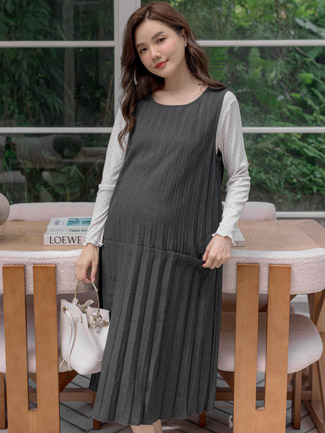 上班服。壓百摺拼接西裝料背心裙