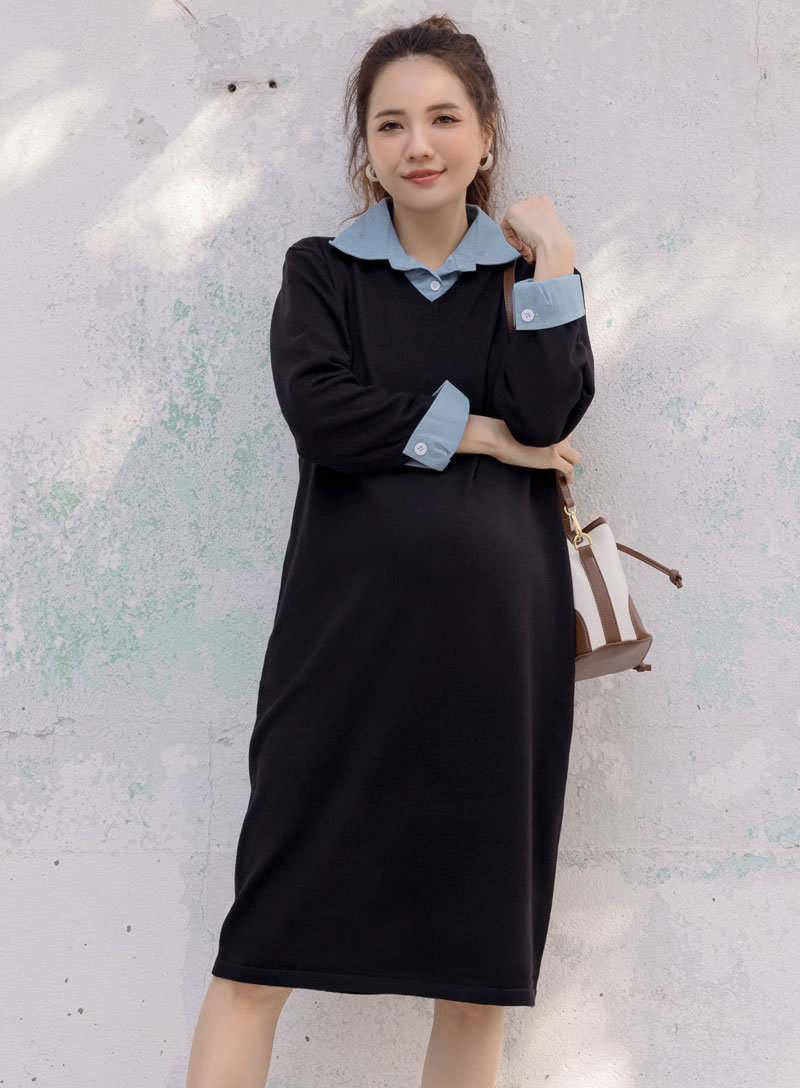 孕婦裝。仿牛仔領翻袖釦拼接針織洋