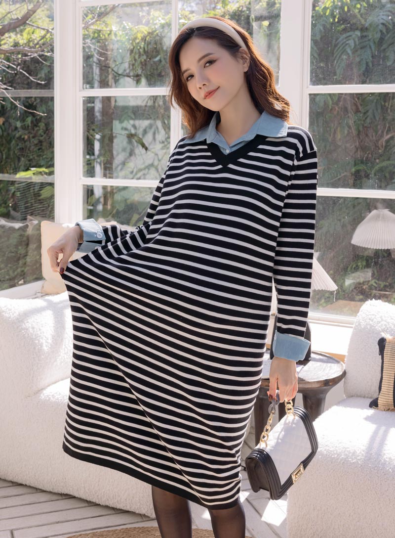 孕婦裝。仿牛仔領翻袖釦拼接針織洋
