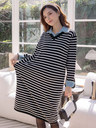 孕婦裝。仿牛仔領翻袖釦拼接針織洋