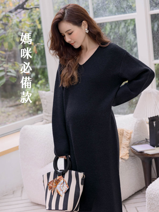 孕婦裝。V領素面針織洋(厚暖)