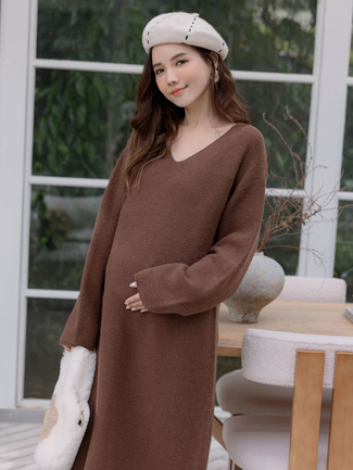 孕婦裝。V領素面針織洋(厚暖)