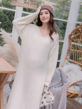 孕婦裝。V領素面針織洋(厚暖)