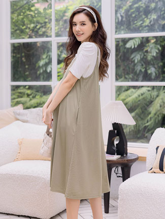 孕婦裝。絲光坑條側袋吊帶洋(薄彈)
