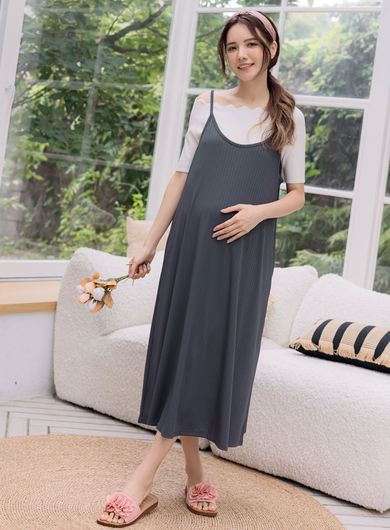 孕婦裝。絲光細坑條側袋吊帶洋(薄彈)