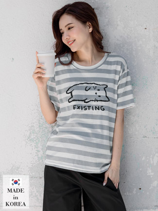 韓國空運。條紋躺平貓咪棉上衣