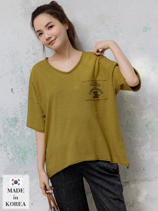 韓國空運。V領36不收邊布標棉T