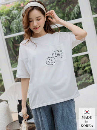 韓國空運。微笑PEACE貼袋短袖棉T