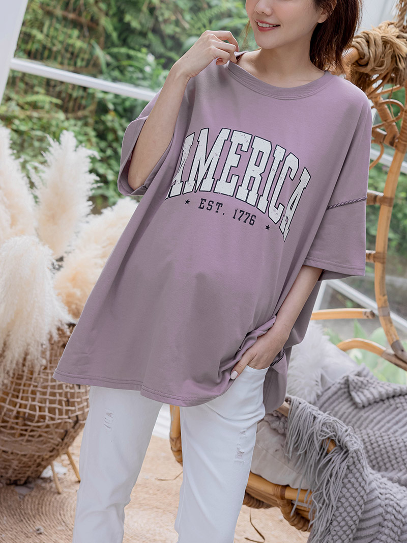 韓國空運。破碎英字反車線長版棉T