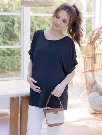 孕婦裝。涼感棉紗立體摺袖長版上衣(薄彈)