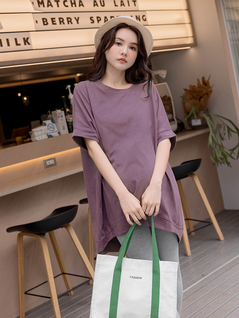 韓國空運。U襬前短後長素面寬版上衣