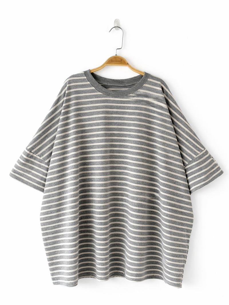 韓國空運。連袖貼標五分袖寬版條紋長版衣