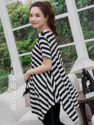 孕婦裝。涼感棉黑白條傘狀長版衣(薄)