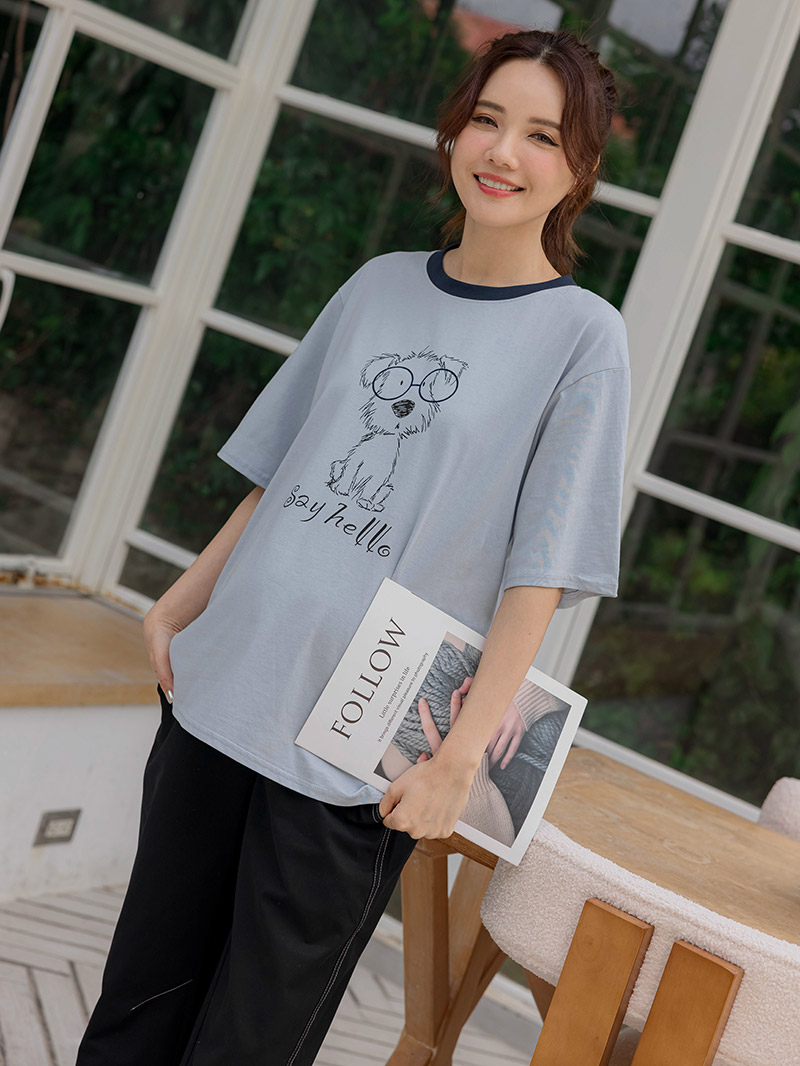 孕婦裝。眼鏡狗Say hello長版棉T