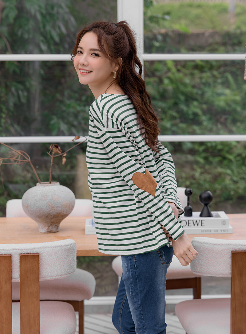 韓國空運。愛心補丁袖條紋棉上衣